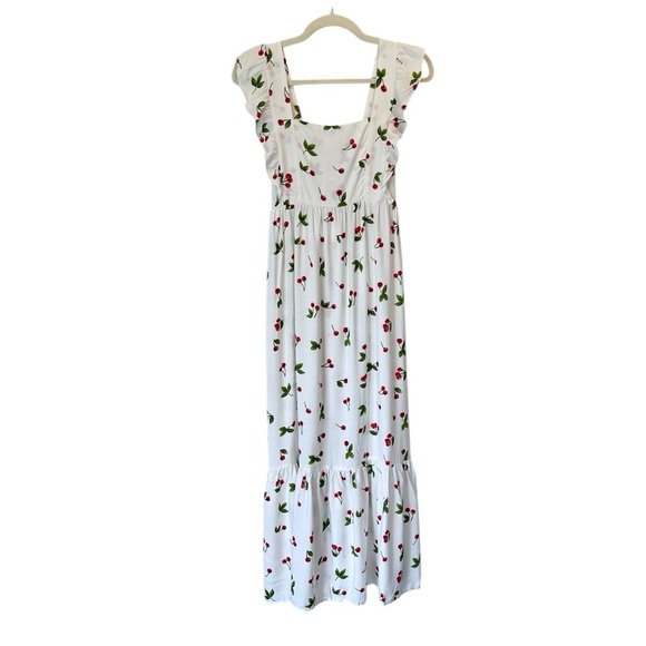 Love Ady White Cherry Print Sleeveless Ruffle Maxi Dress with Smocked Back- XS - Picture 1 of 5